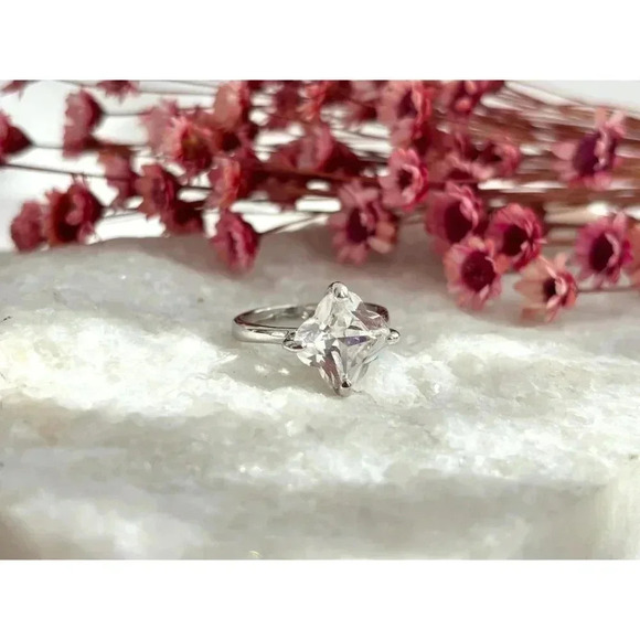 Clover Cut Sterling Silver Solitaire Vintage Statement Engagement CZ Ring - sz 7 - Picture 4 of 10